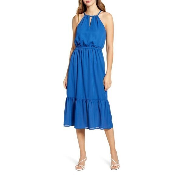 Dress Gibson x Womens Day LIVING Halter Midi Dress Deep Blue SZ S NWT $98 - Picture 1 of 3